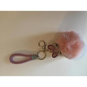 Elegant Pink Fox Pompom Keychain with Rhinestones and Pearls